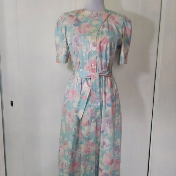 Vtg 80s Lili Richard's Aqua Lavendar Pink Floral Button Down Floral Dress - Picture 9 of 16